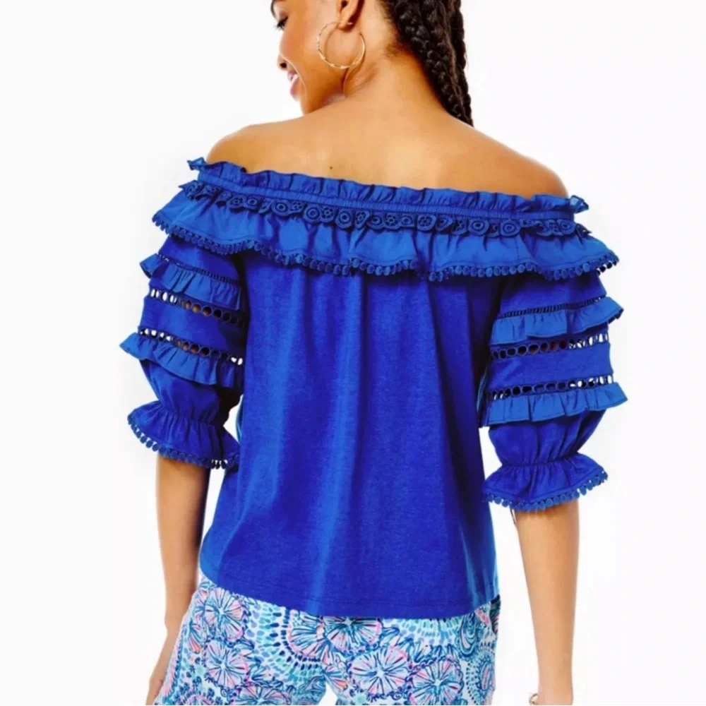 Lilly Pulitzer Brentwood Top in Blue Grotto $108 Puff‎ Sleeve Eyelet Size XS